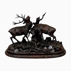 Large Carved Wood Fighting Stags by Rudolph Heissl