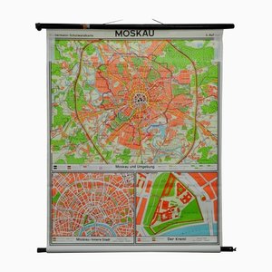 Vintage City Map of Moscow Russia Pull Down Wall Chart