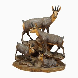 Carved Wood Chamois Family by Ernst Heissl, 1900s