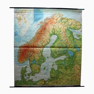Vintage Scandinavia Norway Sweden Finland Rollable Map Wall Chart Print