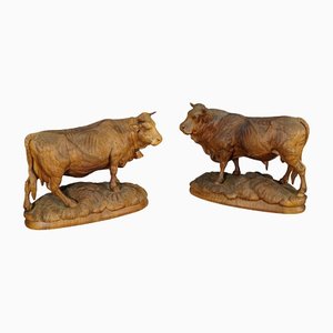Swiss Carved Bull and Cow Statues by Huggler, 1900s