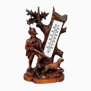 Carved Wood Thermometer Stand Hunter and Staghound, 1910s
