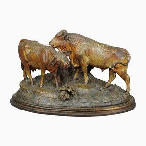 Toro e mucca intagliati di Johann Huggler, Svizzera, fine XIX secolo, set di 2