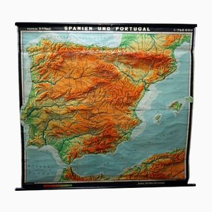 Vintage Spain Portugal Iberian Peninsula Rollable School Wall Chart Map