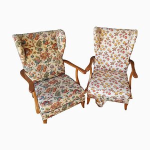 Fabric & Wood Lounge Chairs, 1950s, Set of 2