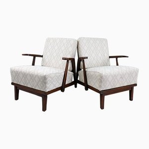 Sculptural Fabric and Oak Armchairs, France, 1950s, Set of 2