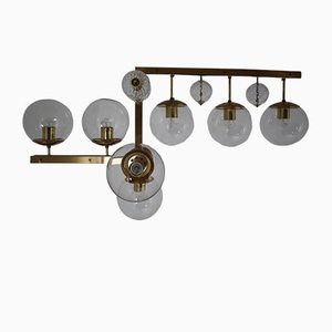 Large Mid-Century Hotel Light Fixture in Brass and Hand Blown Glass, Europe, 1970s