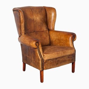 Classic Wingback Armchair in Brown Leather