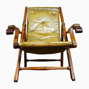 Vintage Green Leather Collapsible Campaign Chair