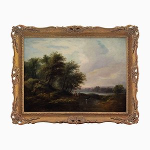 Idealised Landscape with Lake, 19th-Century, Oil on Canvas, Framed