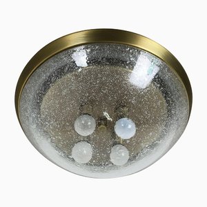 Bubble Ice Glass and Brass Ceiling Light by Hillebrand Leuchten, Germany, 1970s