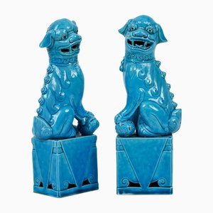 Large Mid-Century Turquoise Blue Ceramic Foo Dogs Sculpture, 1960s, Set of 2