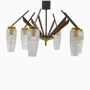 Lámpara de araña italiana vintage de madera con seis brazos de Stilnovo, años 50