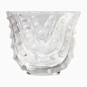 Vaso Vichy Art Déco trasparente e smerigliato con foglie ondulate di R. Lalique