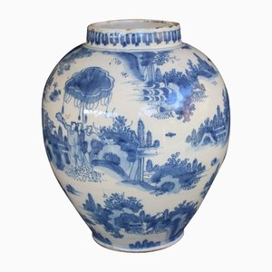 Blue and White Delft Chinoiserie Landscape Jar, 1600s