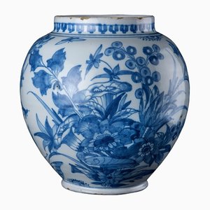 Blue and White Floral Delft Chinoiserie Jar, 1600s