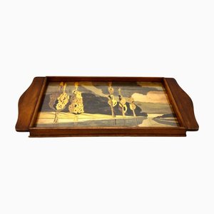 Jugendstil Tablett mit Holzplatte mit Glas und Landschaft Dekoration
