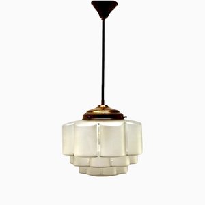 Large Stepped Satin Glass and Brass Fittings Pendant Light, 1930s