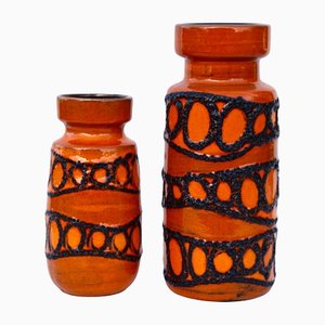 German Fat Lava Vases with Tribal Decor by Scheurich, 1960s, Set of 2
