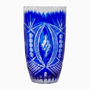 Very Large 20th Century Bohemian Cobalt Cut-Crystal Vase