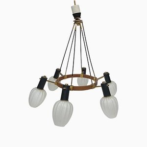 Mid-Century Modern Italian Brass, Teak and Glass Chandelier in the Style of Stilnovo, 1960s