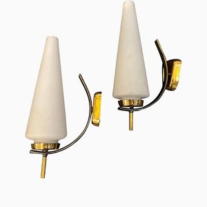 Mid-Century Modern Italian Brass and Glass Wall Sconces in the Style of Stilnovo, Set of 2, 1960s