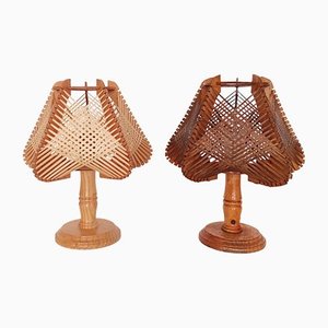 Mid-Century French Brown Wooden Bedside Table Lamps, 1960s, Set of 2