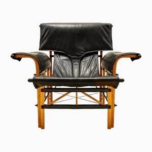 Vintage Italian Black Leather & Wood Lounge Chair