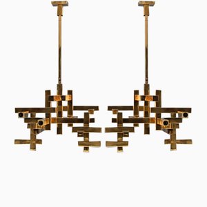 Chandeliers in Solid Brass Gaetano Prehose Minimal and Rational Design from Sciolari, 1970s, Set of 2