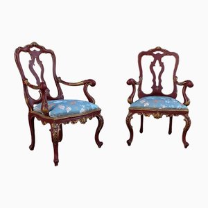Sicilian Baroque Style Armchairs in Red Lacquer, 1930s, Set of 2