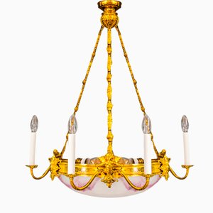 Art Deco Gilded Chandelier with Original Glass Shade, 1920s