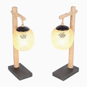 Lampade da tavolo in corda e bambù, set di 2