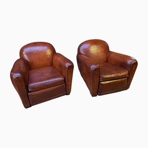 French Leather Club Chairs, 1940, Set of 2