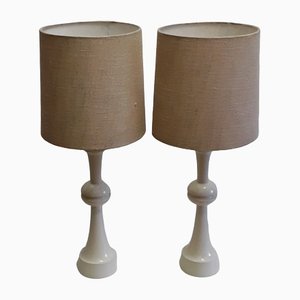 Vintage Table Lamps with Creamy White, Profiled Pillar Foot & Gem Fabric Shade, 1970s, Set of 2