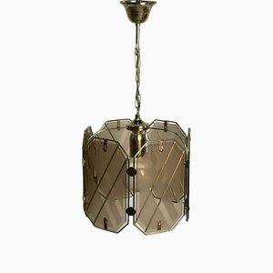Vintage Italian Brass & White and Smoked Glass Ceiling Lamp from Giemme, 1970s