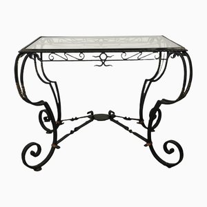 Wrought Iron Side Table with Glass Tray, 1940s