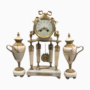 Horloge de Cheminée en Marbre Blanc et Doré, France, 19ème Siècle