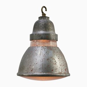 Vintage Industrial Grey Metal and Frosted Glass Pendant Lamp from Holophane Paris