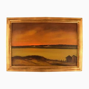 Poul Hansen, Paisaje con puesta de sol, Dinamarca, óleo sobre lienzo