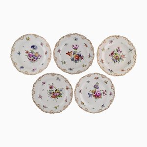 Antique Porcelain Plates with Hand-Painted Flowers from Meissen, Set of 5