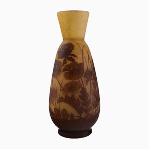 Vaso antico in vetro artistico giallo scuro e marrone chiaro di Emile Gallé
