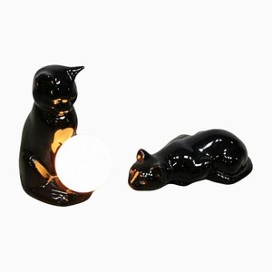 Lámparas de mesa vintage de cerámica con gatos negros. Juego de 2