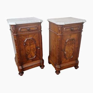 Antique Italian Walnut Burl and White Marble Night Stands, Set of 2