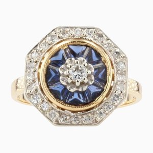 French Art Deco Style Octagonal Sapphire and Diamonds Ring in 18 Karat Yellow Gold