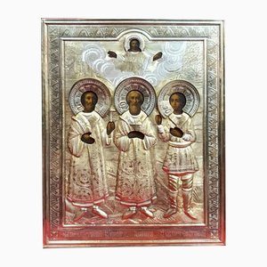 Antique Russian Image of Saints Anthony, John and Eustathius in a Silver Frame