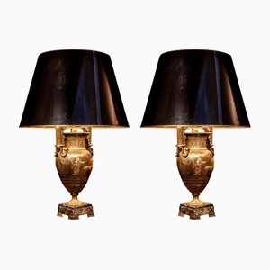 French Cast Iron Table Lamps with Green Marble Bases, 19th-Century, Set of 2