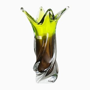 Large Vintage Green Brown Hand Blown Crystal Glass Vase from Joska, Germany, 1970s