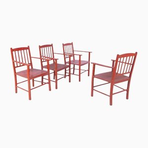 Vintage Chairs in Red Wood in the Style of Ettore Sottsass, Set of 4