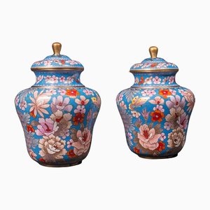 Antique English Ceramic Cloisonne Spice Jars, Set of 2