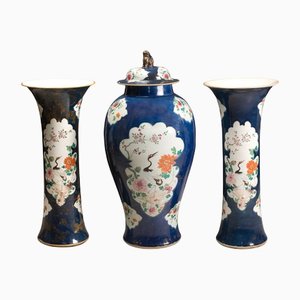 Antique Trumpet Vases and Lidded Jar, Set of 3